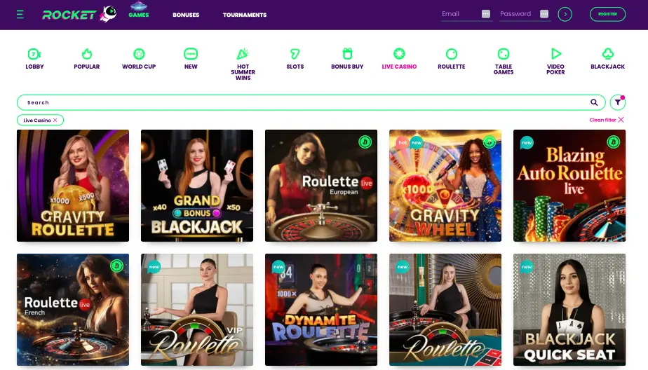 Rocket Casino live dealer lobby