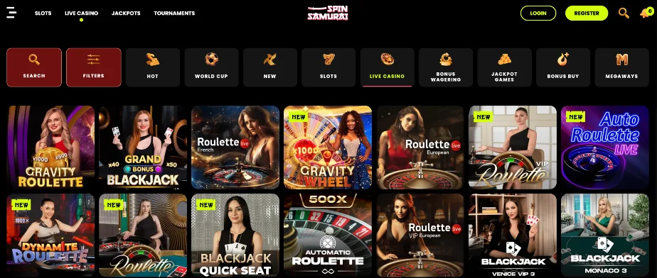 Spin Samurai Casino live dealer lobby